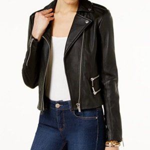 MICHAEL KORS PETITE FITTED  BLACK GENUINE LAMB LEATHER MOTO JACKET  PETITE S